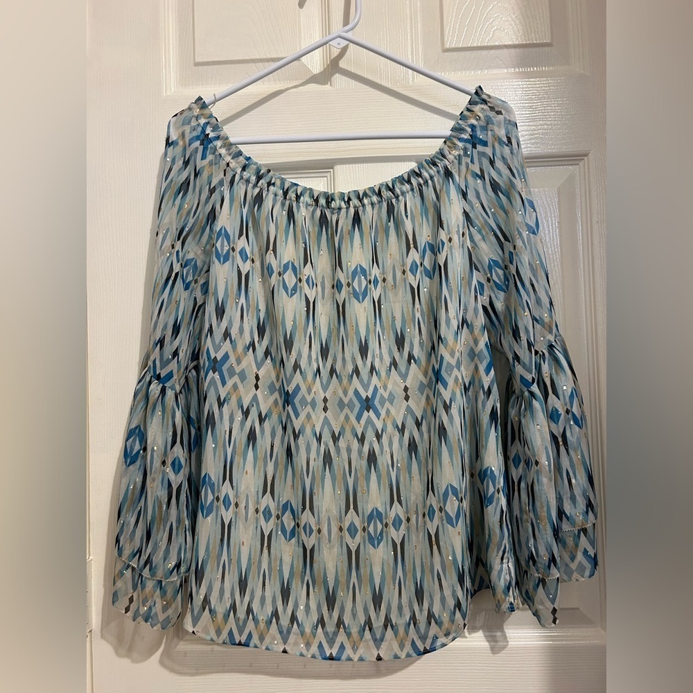 White House Black Market Off Shoulder white blue gold bell sleeve blouse s large - Picture 2 of 6